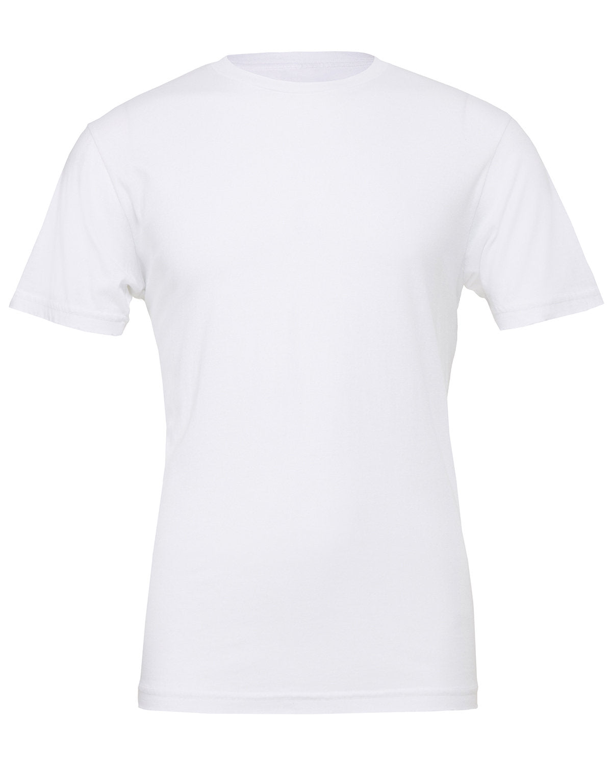 A plain white, short-sleeved Bella Canvas t-shirt displayed on a white background. The t-shirt, featuring custom embroidery, is designed for a snug fit with a round neckline by Show Off Your Threads.