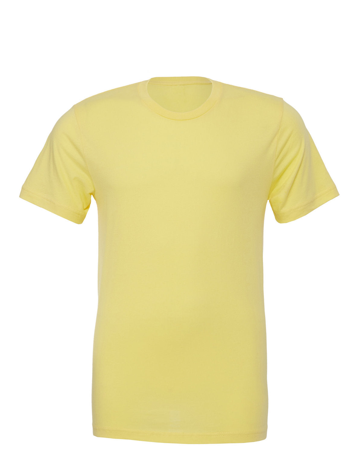 A plain, light yellow Bella Canvas t-shirt displayed against a white background, featuring a short-sleeve design, custom embroidery, and a round neckline by Show Off Your Threads.