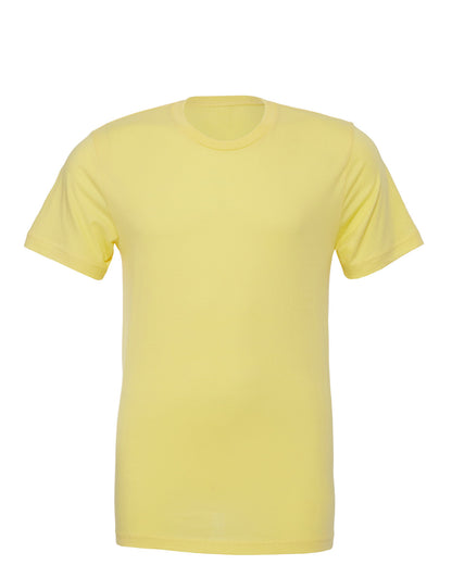 A plain, light yellow Bella Canvas t-shirt displayed against a white background, featuring a short-sleeve design, custom embroidery, and a round neckline by Show Off Your Threads.
