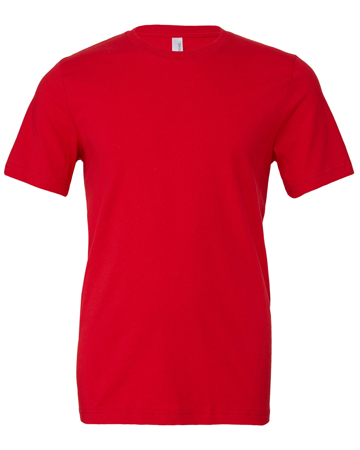 A Bella Canvas red t-shirt from Show Off Your Threads featuring custom embroidery, displayed against a white background, showcasing a simple crew neck and short sleeves.