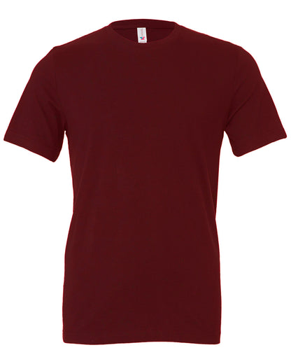 A plain maroon Bella Canvas t-shirt displayed on a white background, featuring a crew neckline and short sleeves, with custom embroidery visible inside the collar by Show Off Your Threads.