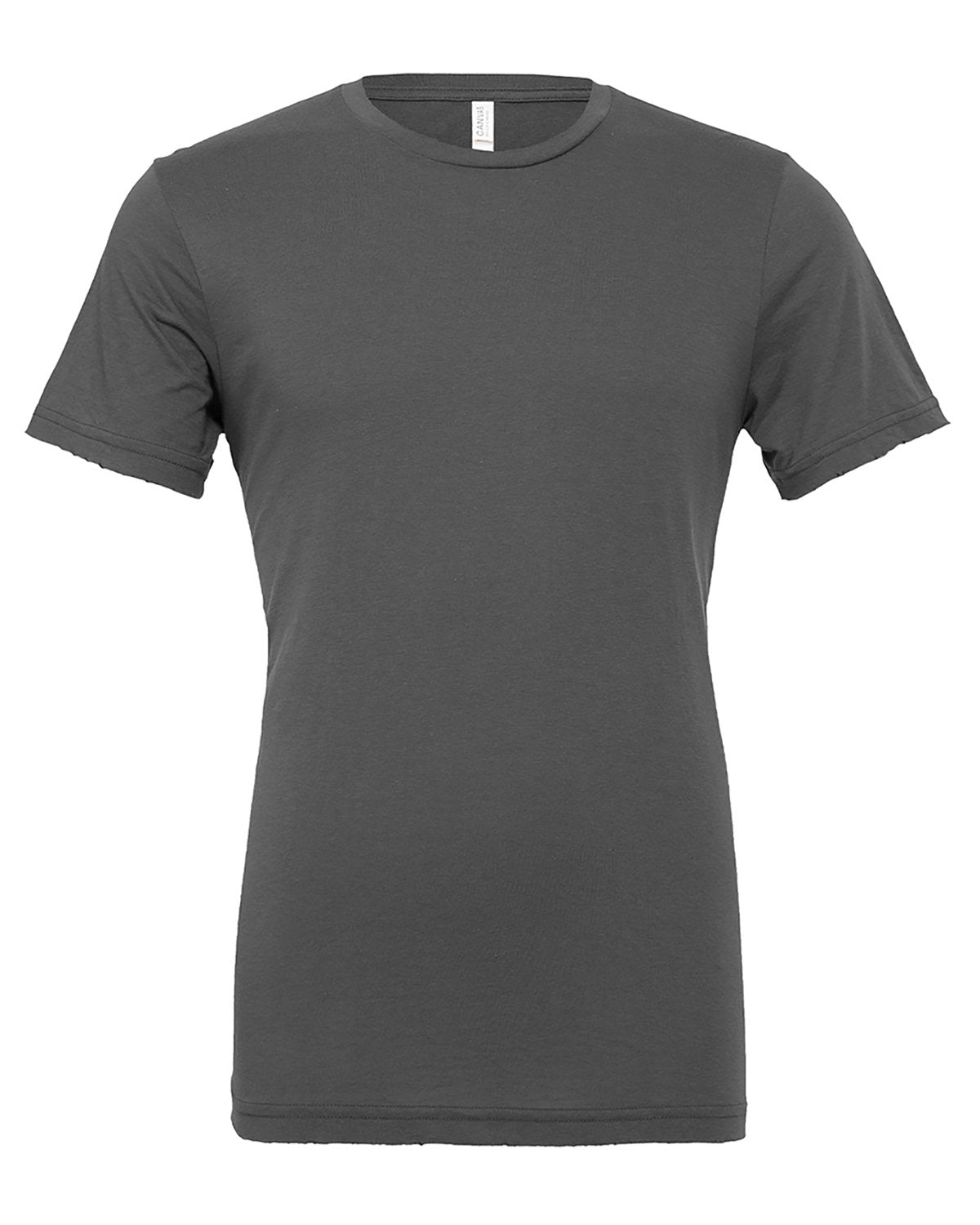 A plain dark gray Bella Canvas crew neck t-shirt with custom embroidery displayed on a neutral background with short sleeves and a visible white tag inside the collar by Show Off Your Threads.
