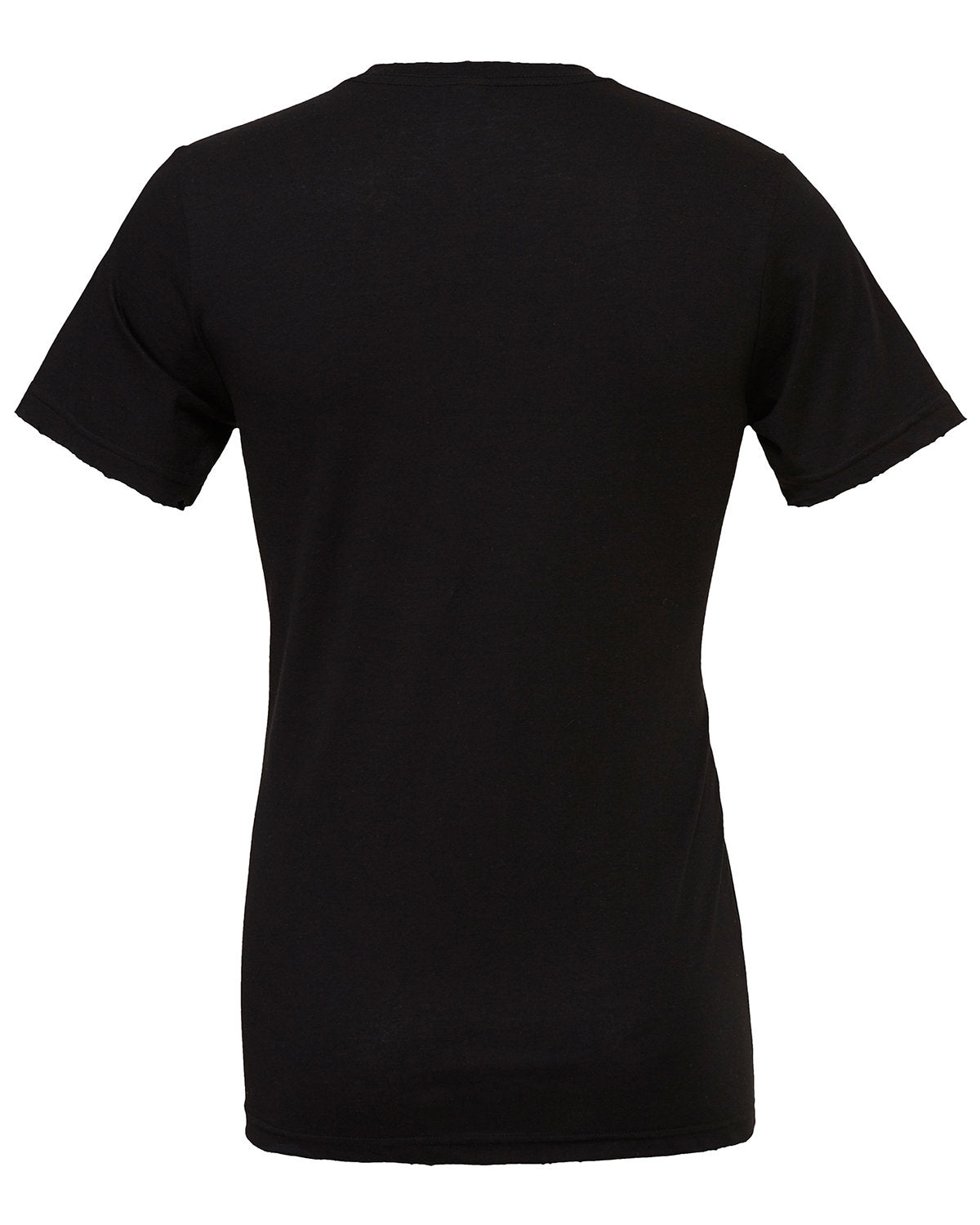Plain black Bella Canvas t-shirt viewed from the back with a crew neckline and short sleeves. The shirt, suitable for custom embroidery, is displayed on a featureless mannequin against a white background by Show Off Your Threads.
