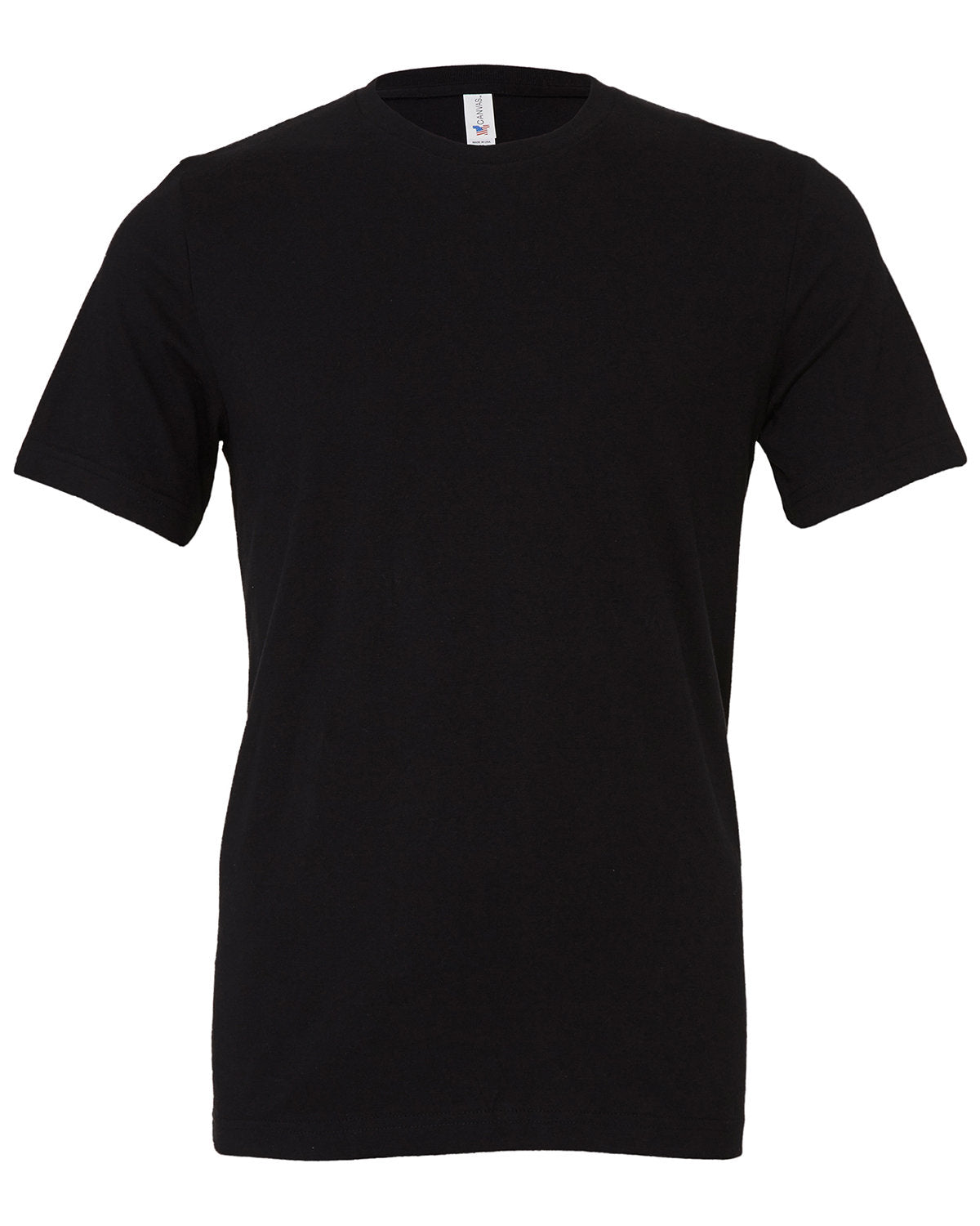 Bella Canvas black t-shirt displayed on a white background, featuring custom embroidery, a round neck, and short sleeves by Show Off Your Threads.