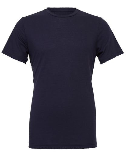 Plain Bella Canvas navy blue t-shirt displayed on a white background. The t-shirt has short sleeves and a crew neckline, featuring custom embroidery, with no visible logos or other designs by Show Off Your Threads.