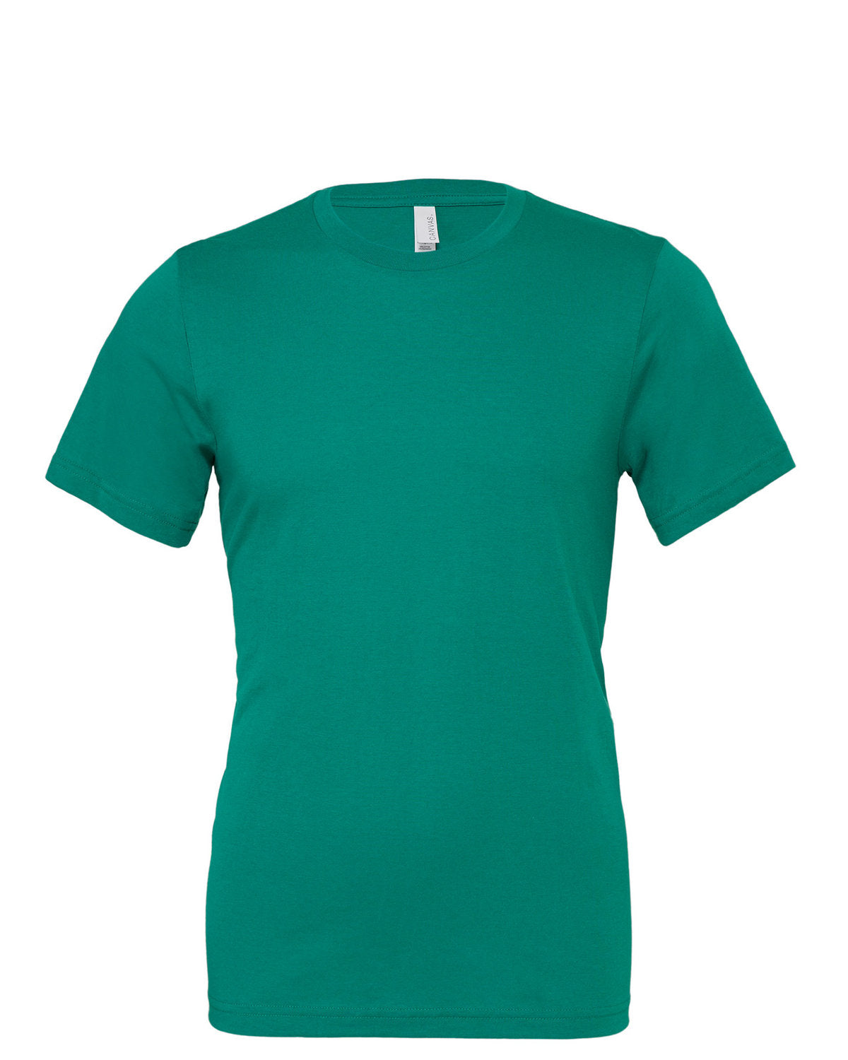 Plain emerald green Bella Canvas t-shirt with custom embroidery on a white background, displayed flat with short sleeves and a round neck by Show Off Your Threads.