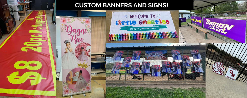 Image showcasing a variety of custom banners and signs available for creation via our user-friendly online design platform. Featured are cost-effective options with fast shipping, ideal for both indoor and outdoor settings. The visual highlights the simplicity of adding custom logos and personalized designs, emphasizing high-resolution printing and durable materials, perfect for corporate events, retail promotions, and personal celebrations.