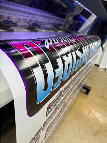 Custom decals featuring a variety of designs including business logos, personalized text, and creative graphics applied on car windows, laptops, and storefronts.