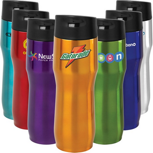 Customizable drinkware featuring a company logo.